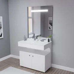 Meuble vasque PMR EPURE 90 cm avec miroir led Elégance et caisson roulant - Blanc brillant