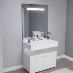 Meuble vasque PMR EPURE 90 cm avec miroir led Elégance et caisson roulant - Blanc brillant