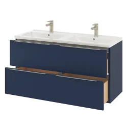 Meuble vasque suspendu bleu nuit mat l.120 cm Imandra + plan double vasque blanc céramique Nira, GoodHome