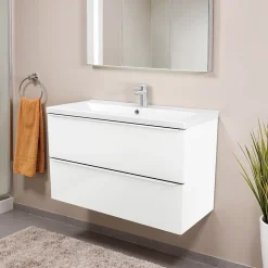 Meuble vasque suspendu blanc brillant l.80 cm Imandra + plan vasque blanc céramique Nira, GoodHome