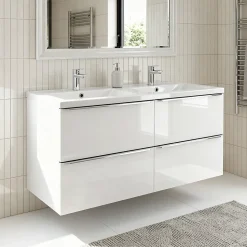 Meuble vasque suspendu blanc brillant l.120 cm Imandra + plan double vasque blanc résine Mila, GoodHome
