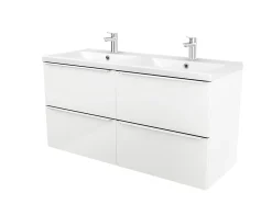 Meuble vasque suspendu blanc brillant l.120 cm Imandra + plan double vasque blanc résine Mila, GoodHome