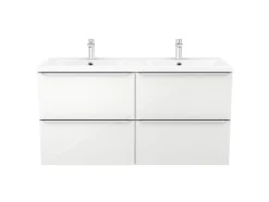 Meuble vasque suspendu blanc brillant l.120 cm Imandra + plan double vasque blanc résine Mila, GoodHome