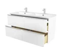 Meuble vasque suspendu blanc brillant l.120 cm Imandra + plan double vasque blanc résine Mila, GoodHome