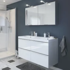 Meuble vasque suspendu blanc brillant l.120 cm Imandra + plan double vasque blanc résine Mila, GoodHome