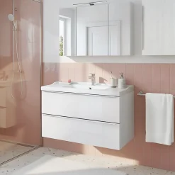 Meuble vasque suspendu blanc brillant l.100 cm Imandra + plan vasque blanc céramique Lana, GoodHome