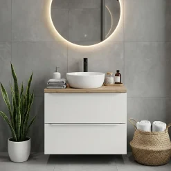 Meuble vasque suspendu blanc brillant l.80 cm Imandra + plan de toilette effet chêne, GoodHome