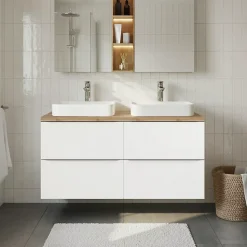 Meuble vasque suspendu blanc brillant l.120 cm Imandra + plan de toilette chêne massif Hartland, GoodHome