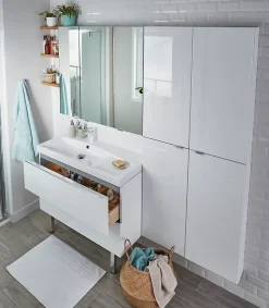 Meuble vasque suspendu blanc brillant l.100 cm Imandra + plan vasque blanc résine Mila, GoodHome