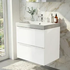 Meuble vasque suspendu blanc brillant l.60 cm Imandra + plan vasque blanc résine Mila, GoodHome