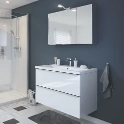 Meuble vasque suspendu blanc brillant l.100 cm Imandra + plan vasque blanc céramique Nira, GoodHome