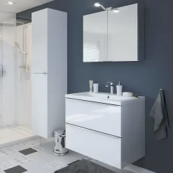 Meuble vasque suspendu blanc brillant l.80 cm Imandra + plan vasque blanc résine Mila, GoodHome