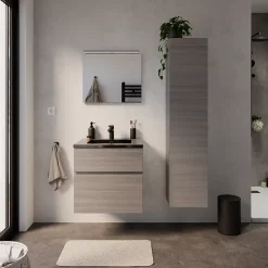 Meuble vasque suspendu effet chêne clair l.60 cm + plan vasque noir en résine, Calao