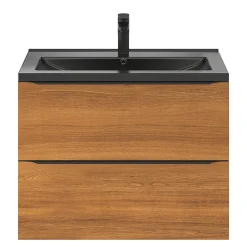Meuble vasque suspendu effet noyer l.80 cm Imandra + plan vasque noir céramique, Nira GoodHome