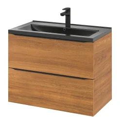Meuble vasque suspendu effet noyer l.80 cm Imandra + plan vasque noir céramique, Nira GoodHome