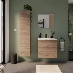 Meuble vasque suspendu effet chêne artisan l.60 cm + plan vasque en céramique blanche, Calao