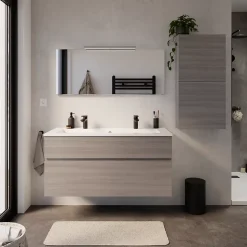 Meuble vasque suspendu effet chêne clair l.120 cm + plan vasque blanc en céramique, Calao
