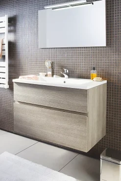 Meuble vasque suspendu effet chêne clair l.90 cm + plan vasque blanc en résine, Calao