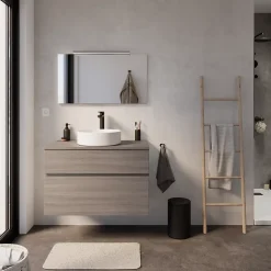 Meuble vasque suspendu effet chêne clair l.90 cm + plan de toilette, Calao