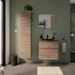 Meuble vasque suspendu effet chêne artisan l.60 cm + plan vasque noir en résine, Calao