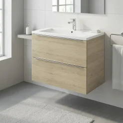 Meuble vasque suspendu effet chêne l.80 cm Imandra + plan vasque blanc céramique Nira, GoodHome