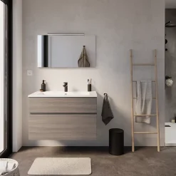 Meuble vasque suspendu effet chêne clair l.90 cm + plan vasque blanc en céramique, Calao