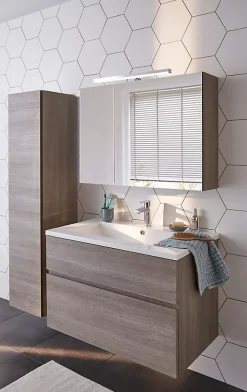 Meuble vasque suspendu effet chêne clair l.90 cm + plan vasque blanc en céramique, Calao