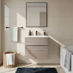 Meuble vasque suspendu effet chêne clair l.60 cm + plan vasque blanc en céramique, Calao