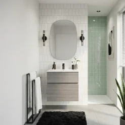 Meuble vasque suspendu effet chêne clair l.60 cm + plan vasque blanc en résine, Calao
