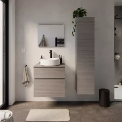 Meuble vasque suspendu effet chêne clair l.60 cm + plan de toilette, Calao