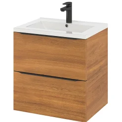 Meuble vasque suspendu effet noyer l.60 cm Imandra + plan vasque blanc céramique Nira, GoodHome