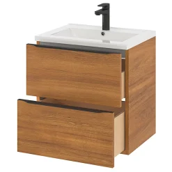 Meuble vasque suspendu effet noyer l.60 cm Imandra + plan vasque blanc céramique Nira, GoodHome