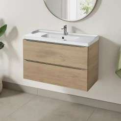 Meuble vasque suspendu effet chêne l.100 cm Imandra + plan vasque blanc céramique Lana, GoodHome