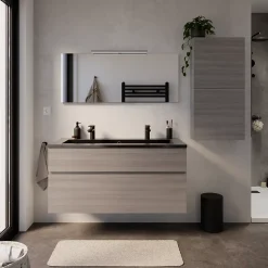 Meuble vasque suspendu effet chêne clair l.120 cm + plan vasque noir en résine, Calao