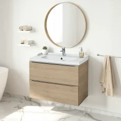 Meuble vasque suspendu effet chêne l.80 cm Imandra + plan vasque blanc céramique Lana, GoodHome