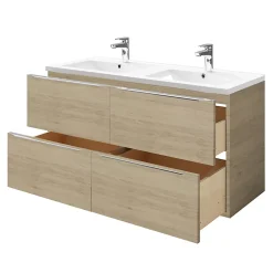 Meuble vasque suspendu effet chêne l.120 cm Imandra + plan double vasque blanc céramique Nira, GoodHome