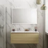 Meuble vasque suspendu effet chêne l.120 cm + plan vasque blanc céramique pour 2 robinets, Pura+