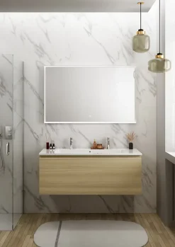 Meuble vasque suspendu effet chêne l.120 cm + plan vasque blanc céramique pour 2 robinets, Pura+