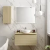 Meuble vasque suspendu effet chêne l.90 cm + plan de toilette effet chêne, Pura+