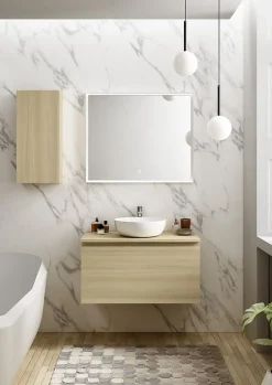 Meuble vasque suspendu effet chêne l.90 cm + plan de toilette effet chêne, Pura+