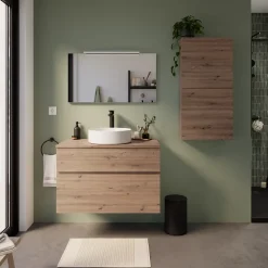 Meuble vasque suspendu effet chêne artisan l.90 cm + plan de toilette, Calao