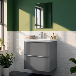 Meuble vasque suspendu faible profondeur gris brillant l.60 cm Imandra + plan vasque blanc céramique Nira, GoodHome