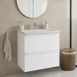 Meuble vasque suspendu faible profondeur blanc mat l.60 cm Imandra + plan vasque blanc Nira, GoodHome