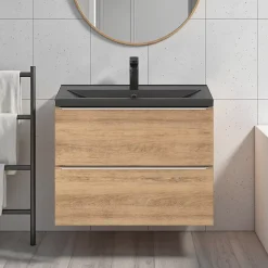 Meuble vasque suspendu faible profondeur effet chêne l.80 cm Imandra + plan vasque noir céramique Nira, GoodHome