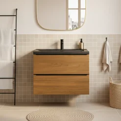 Meuble vasque suspendu faible profondeur effet noyer l.80 cm Imandra + plan vasque noir céramique, Nira GoodHome