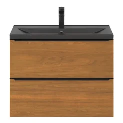 Meuble vasque suspendu faible profondeur effet noyer l.80 cm Imandra + plan vasque noir céramique, Nira GoodHome