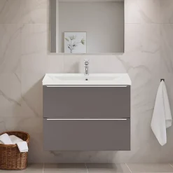 Meuble vasque suspendu faible profondeur gris taupe brillant l.80 cm Imandra + plan vasque blanc céramique Nira, GoodHome