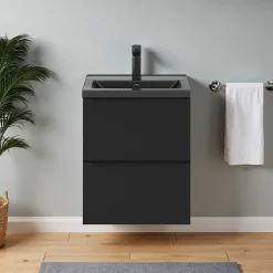 Meuble vasque suspendu faible profondeur noir mat l.50 cm Imandra + plan vasque noir céramique Nira, GoodHome