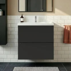 Meuble vasque suspendu faible profondeur noir mat l.60 cm Imandra + plan vasque blanc céramique Nira, GoodHome