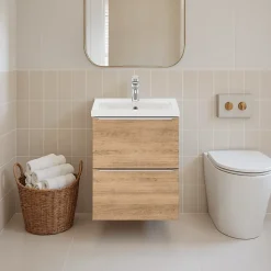 Meuble vasque suspendu faible profondeur effet chêne l.50 cm Imandra + plan vasque blanc céramique Nira, GoodHome